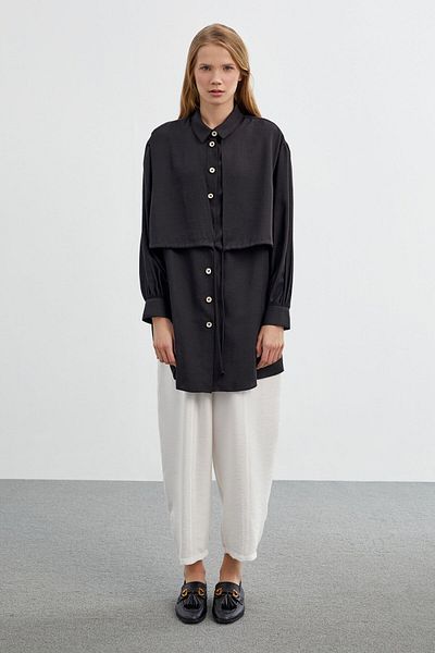 Zühre Shirt Collar Casual Black Tunic T-1430