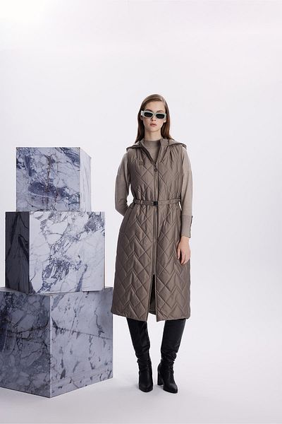 Zühre Hooded Long Quilted A.khaki Inflatable Vest Y-0060