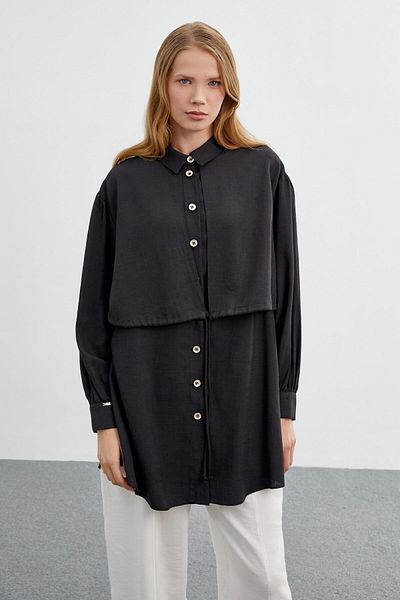 Zühre Shirt Collar Casual Black Tunic T-1430