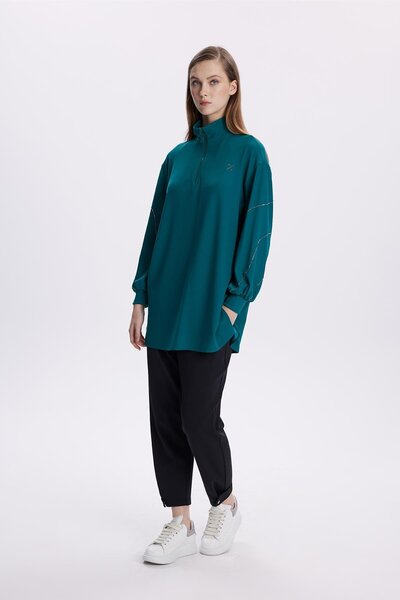 Zühre Emerald Zippered Tunic - Stone Embroidered T-1494