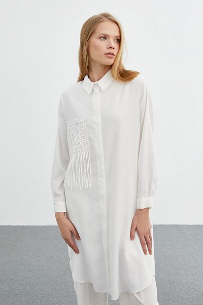 Zühre Shirt Collar Long Ecru Tunic T-1422