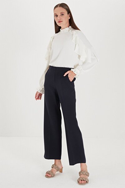 Zühre ZÜHRE Waist Elastic Detailed Wide Leg Navy Blue Fabric Trousers P-0102