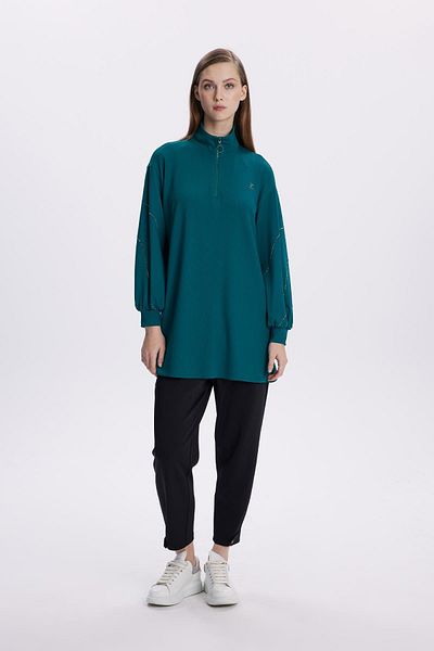 Zühre Emerald Zippered Tunic - Stone Embroidered T-1494