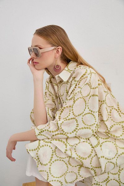 Zühre Patterned Loose Long Oil Green Tunic T-1464