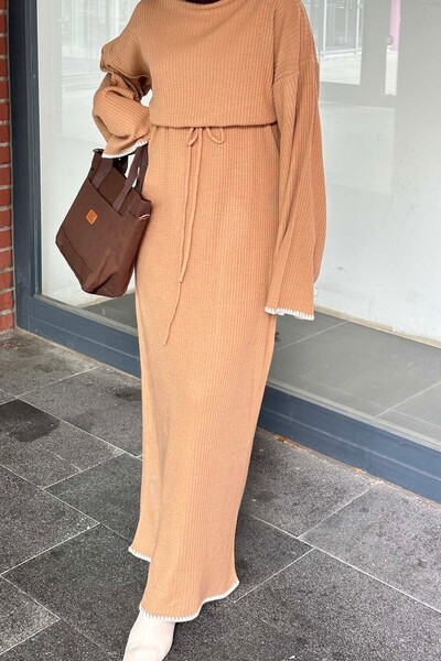 lamelif Πλεκτό φόρεμα Milky Brown - Κέντημα με λεπτομέρεια μανίκι και φούστα