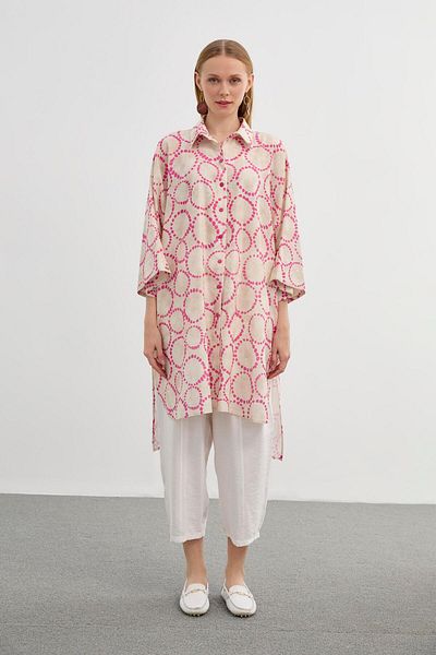 Zühre Patterned Casual Long Fuchsia Tunic T-1464