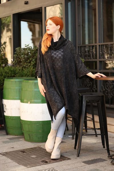 Sosyete Kaplumbağa Authentic Knitwear 100% Cotton Shawl Collar Ethnic Pattern Loose Oversize Blouse Tunic