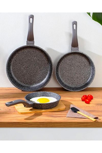 OMS 3737 Fry Pan Cast Granite 3 Piece Pan Set Black (20-24-28 cm)