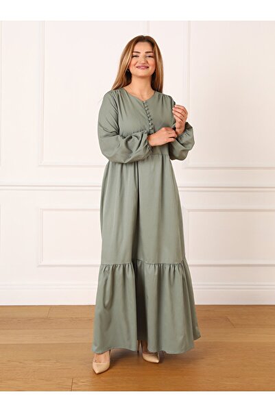 ALİA Plus Size Brit Button Detailed Dress - Green - Alia
