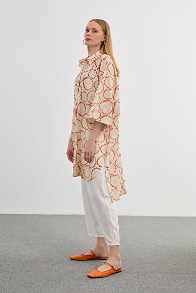 Zühre Long Patterned Orange Tunic - Casual T-1464