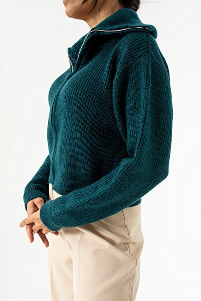 Seniorah Green Emerald Zipper Detailed Knitwear Cardigan