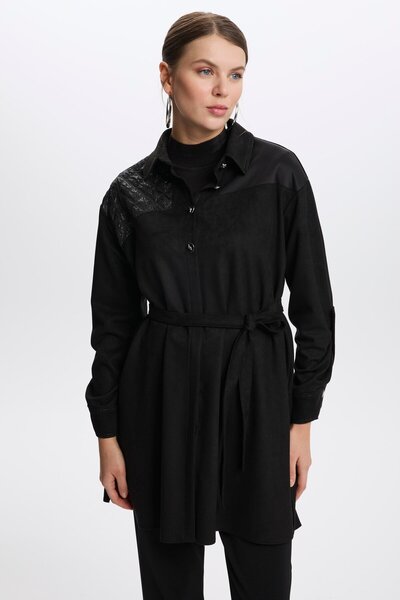 Zühre Μαύρο τουνίκ με ζώνη και καπιτονέ λεπτομέρεια - T-1521