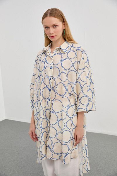 Zühre Patterned Casual Long Indigo Tunic T-1464