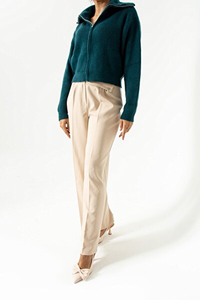 Seniorah Green Emerald Zipper Detailed Knitwear Cardigan