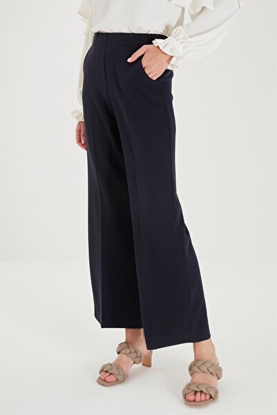Zühre ZÜHRE Waist Elastic Detailed Wide Leg Navy Blue Fabric Trousers P-0102