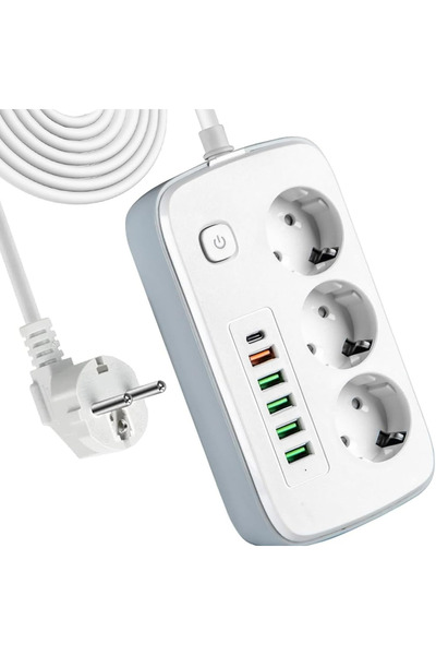 Markalonya Akım Korumalı 3'lü Grup Priz, 1,5 Metre Kablo, 4 USB, Type-C 20W, ...