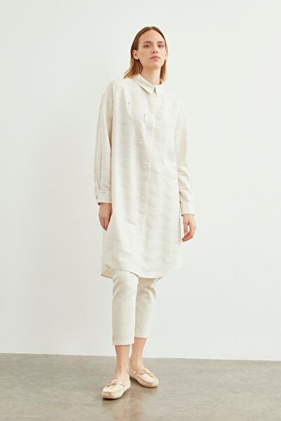 Zühre Gömlek Yaka Uzun Bej Tunik T-1456