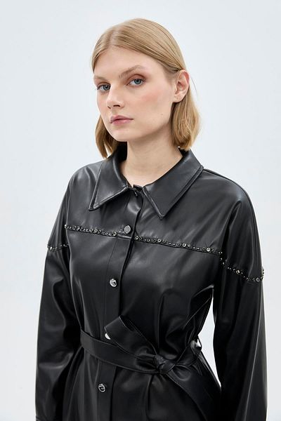Zühre Black Leather Tunic - Shirt Collar with Button Closure T-1476