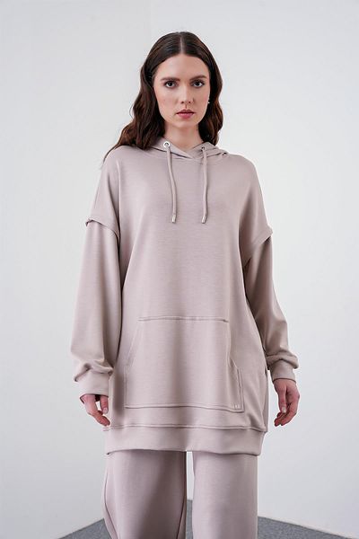 Zühre Beige Hooded Comfort Sweatshirt - T-1472