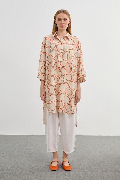 Zühre Long Patterned Orange Tunic - Casual T-1464
