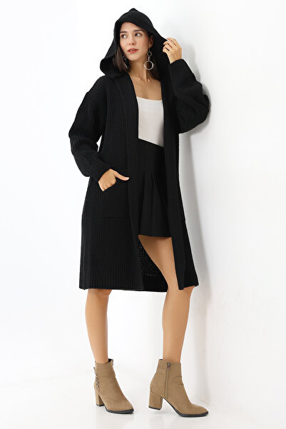Devinka Kadın Siyah Kapşonlu Oversize Salaş Uzun Cepli Triko Hırka