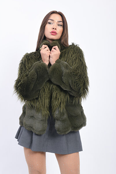 FUREVER FASHION HAKİM YAKA ÇİZGİLİ REX VE TİBET SUNİ KÜRK PATCHWORK KADIN CEKET