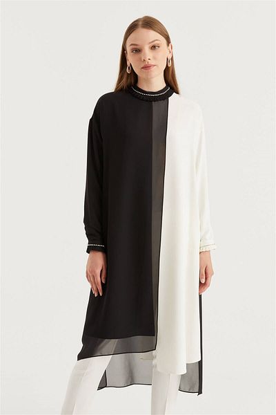 Zühre Kragenbestickte, detaillierte Chiffon-Tunika in Schwarz/Ecru T-1094