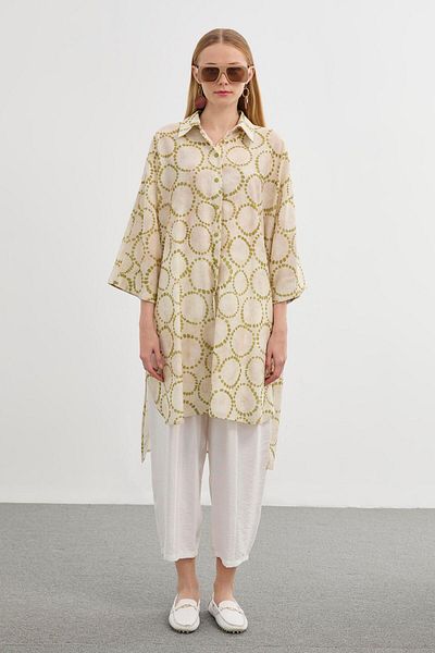 Zühre Patterned Loose Long Oil Green Tunic T-1464