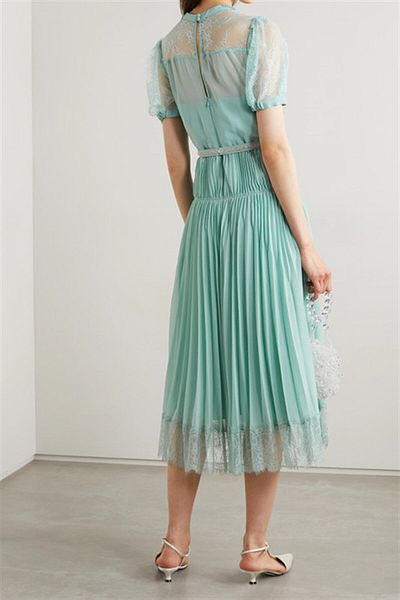nish for you Water Green Half Sleeve Midi Lace Designer Dress
