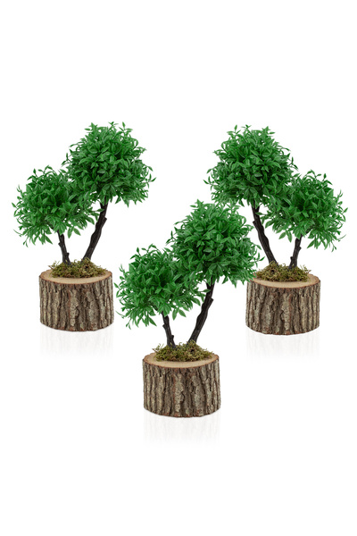 Çiçekmisin 3 Adet Doğal Kütük Saksıda Iki Top Mini Yapay Ağaç