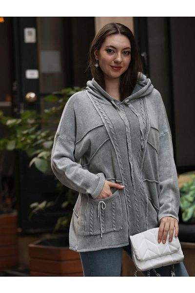 Sosyete Kaplumbağa 100% Cotton Authentic Knitwear - Oversize Loose Blouse Tunic with Hood, Print and Pocket