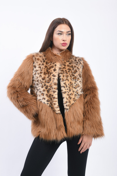 FUREVER FASHION Hakim Yaka Fox Leopar Suni Kürk Patchwork Kadin Kaban