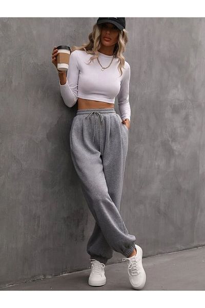 LADY HAZAL Ψηλόμεσο γκρι χτενισμένο βαμβακερό Joger Sweatpants - Darkalıp Compact