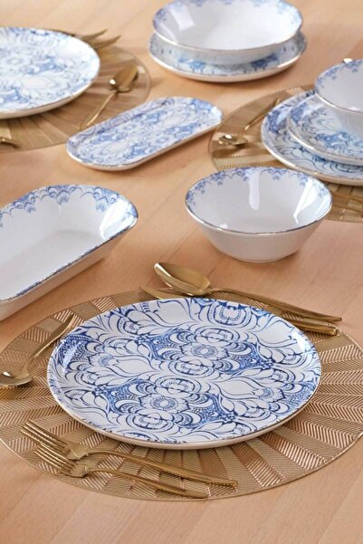 Glore Asya Blue Cycle 32 Parça 6 Kişilik Seramik Kahvaltı Takımı