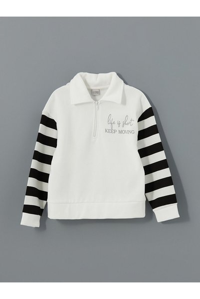 LC Waikiki LCW Kids Ekru Polo Yaka Kız Çocuk Kalın Sweatshirt CENT TRADE