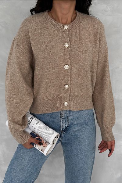 FEMELLE Cardigan de damă, maro, mărime standard, cu nasturi perle