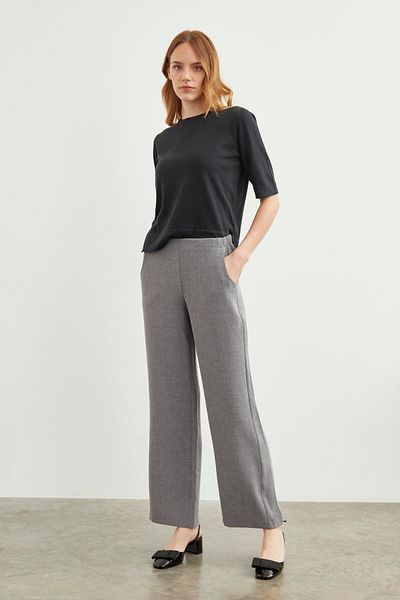 Zühre بنطال أنثراسايت واسع الساق - تفاصيل خصر مطاطي، P-0102 Leona