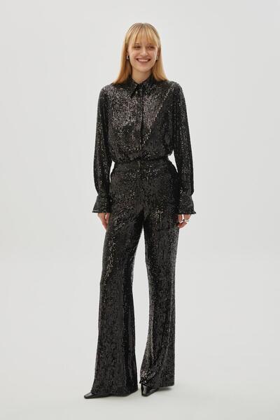 Exquise Lined Sequined Wide Leg Black Trousers