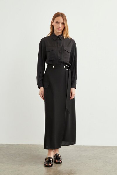 Zühre Cep Detaylı Uzun Siyah Etek ETK-0142