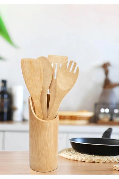 bimbambom Beech Wood Spoon Set - 5 Pieces Beech Spoon and Special Spoon Holder