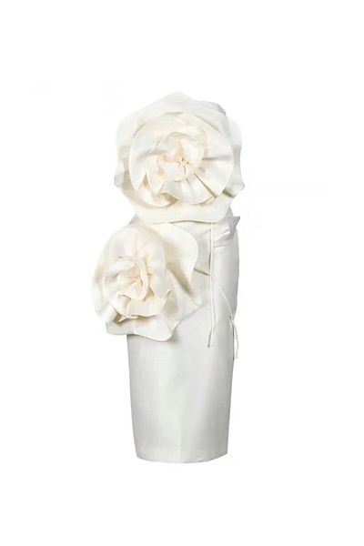 nish for you White Three-Dimensional Flower Detail Midi Designer Dress
