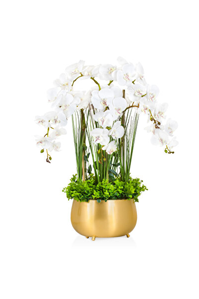 Çiçekmisin Büyük Metal Gold Saksıda Yapay Orkide Aranjmanı