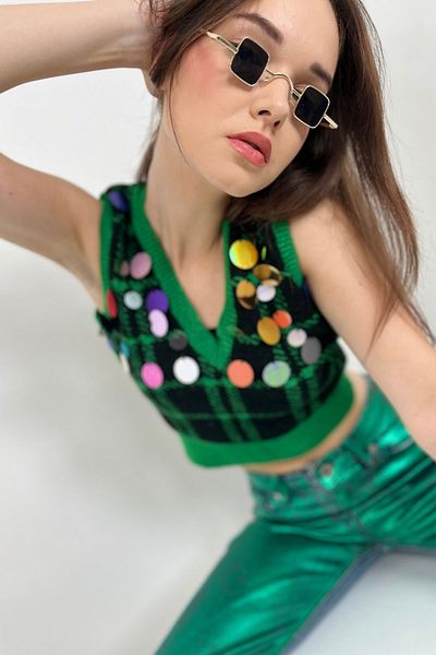 Miss Poem Women's V-Neck Sequin Short Green Knitwear Crop Sweater