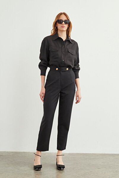 Zühre Yüksek Bel Dar Paça Siyah Kumaş Pantolon P-0159