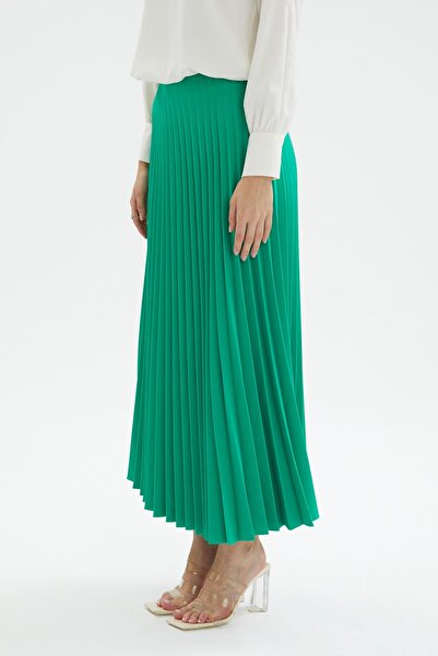 Zühre Pleated Green Long Skirt ETK-0135