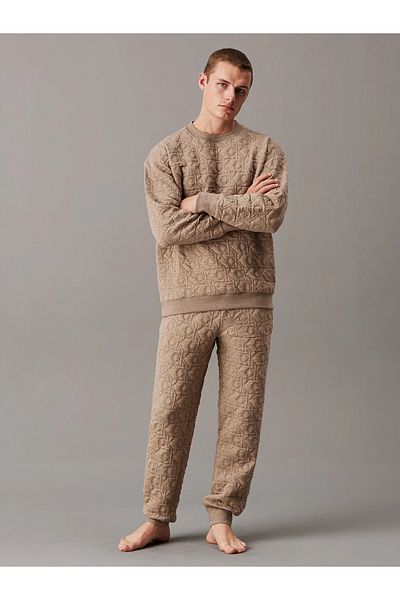 Calvin Klein Men's Printed Quilted Cotton Crew Neck Long Sleeve Brown Sports Tracksuit Set 000Nm271