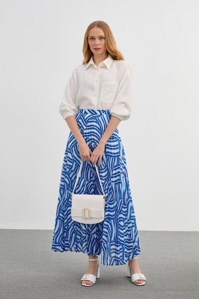 Zühre Patterned Saks Long Pleated Skirt ETK-0155