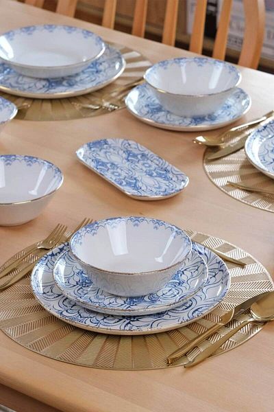 Glore Asian Blue Cycle 32 Pieces Ceramic Breakfast Set for 6