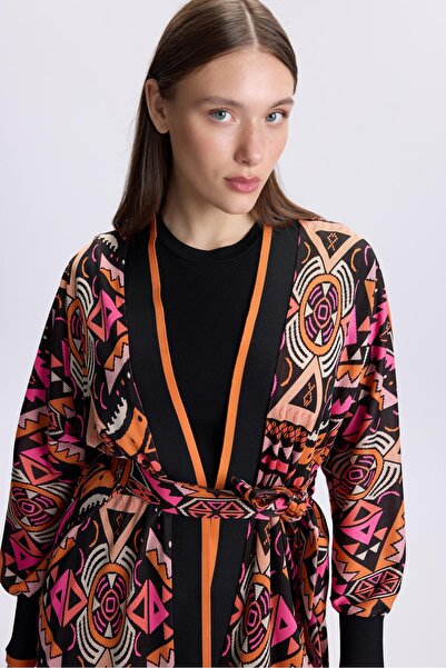 Zühre Ethnic Patterned Waist-Tie Orange Cardigan HR-0012