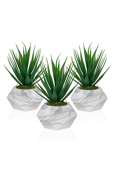 Çiçekmisin 3 Adet Mermer Görünümlü Saksıda Yeşil Yapay Kaktüs Aloevera